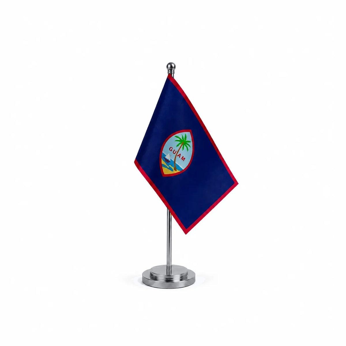 Drapeau bureau de Guam modèle Argent avec mât et socle en acier inoxydable