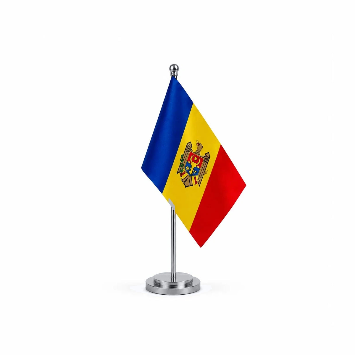 Drapeau bureau de la Moldavie modèle Argent avec mât et socle en acier inoxydable