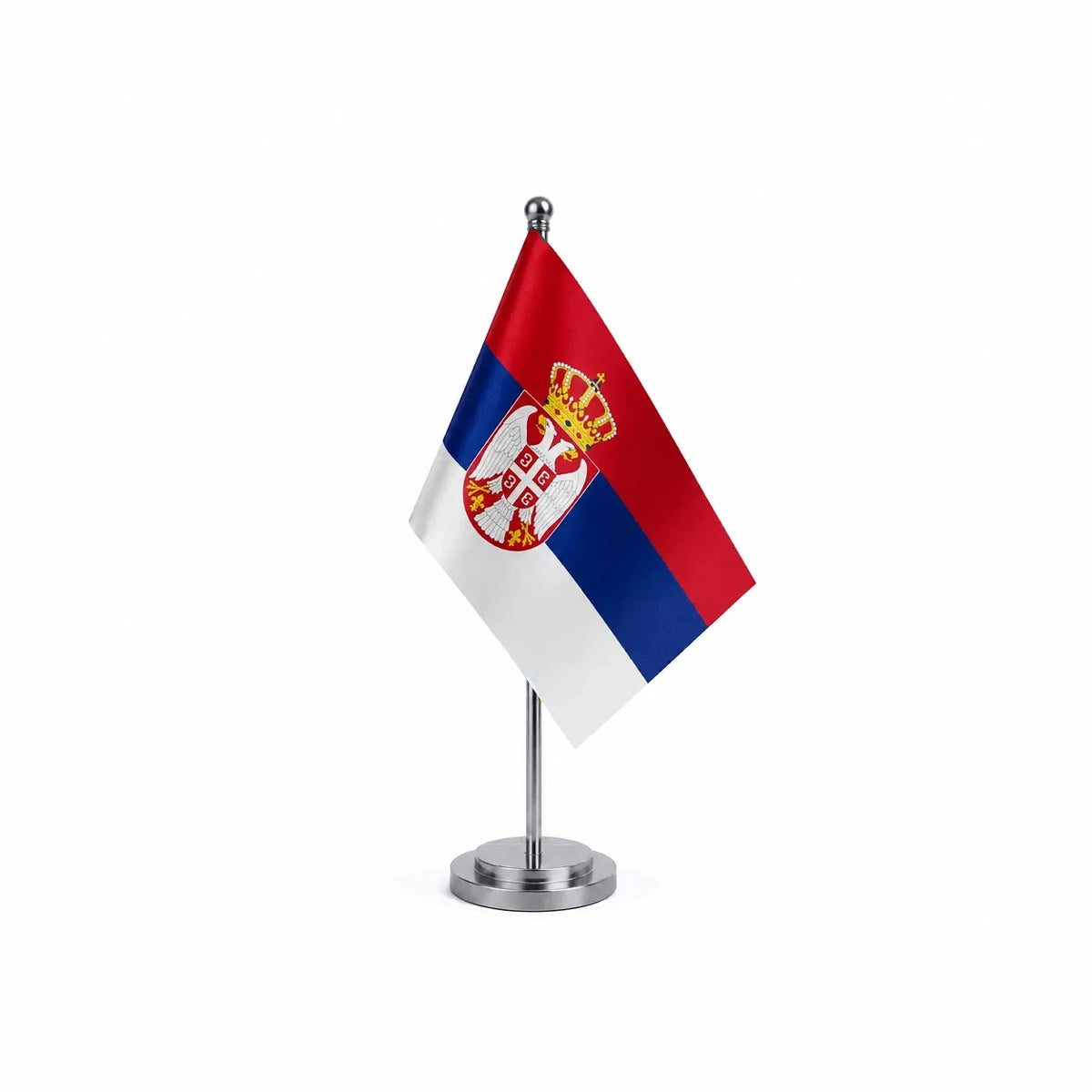 Drapeau bureau de la Serbie modèle Argent avec mât et socle en acier inoxydable