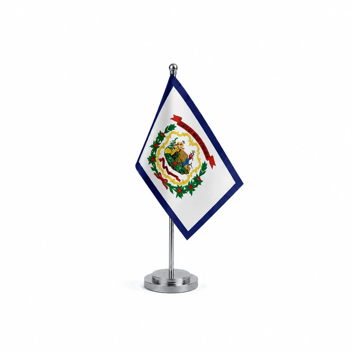 Drapeau Bureau de la Virginie-Occidentale modèle Argent avec mât et socle en acier inoxydable