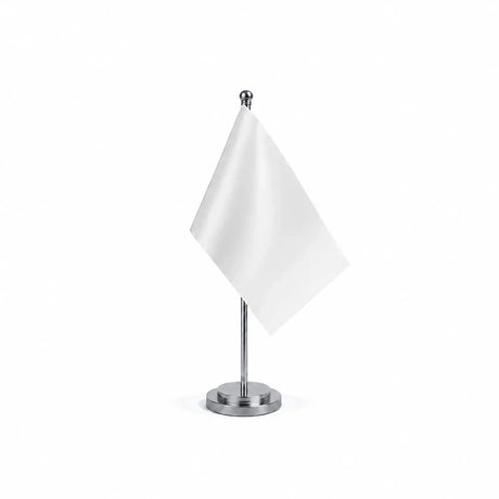 Drapeau Bureau blanc modèle Argent avec mât et socle en acier inoxydable