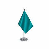 Drapeau Bureau Bleu tuquoise Foncé modèle Argent avec mât et socle en acier inoxydable