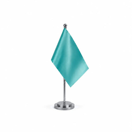 Drapeau Bureau Bleu turquoise Clair modèle Argent avec mât et socle en acier inoxydable