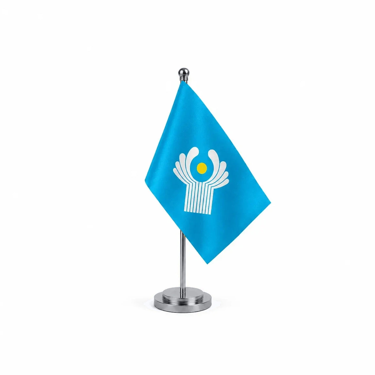 Drapeau Bureau de la Communauté des États indépendants modèle Argent avec mât et socle en acier inoxydable