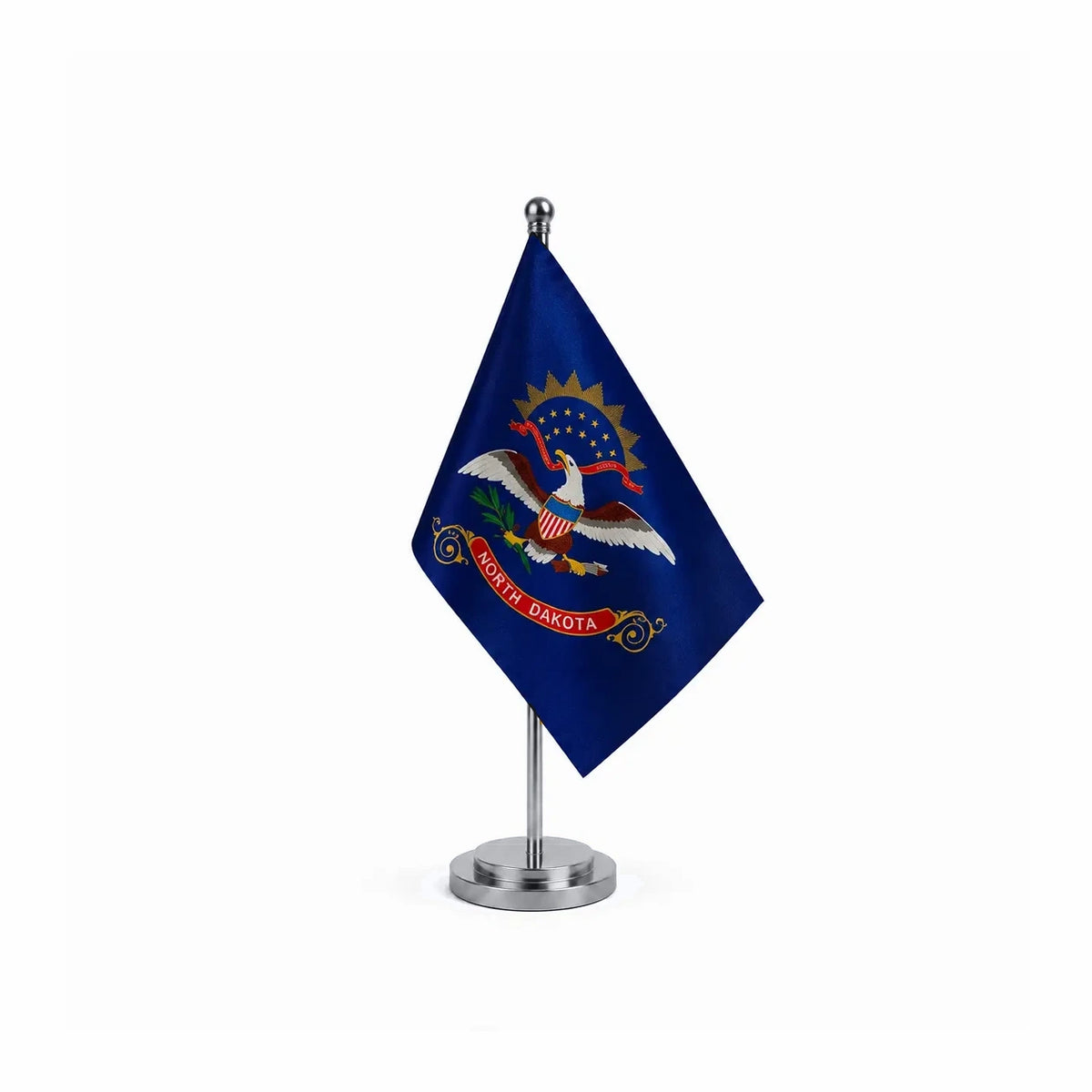 Drapeau Bureau du Dakota du Nord modèle Argent avec mât et socle en acier inoxydable