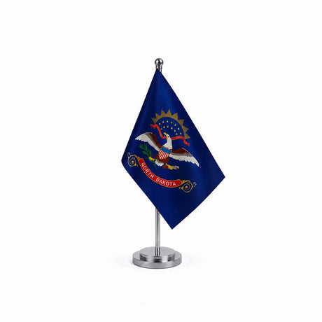 Drapeau Bureau du Dakota du Nord modèle Argent avec mât et socle en acier inoxydable