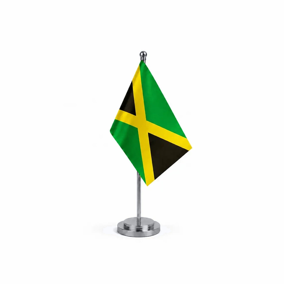 Drapeau bureau de Jamaïque modèle Argent avec mât et socle en acier inoxydable