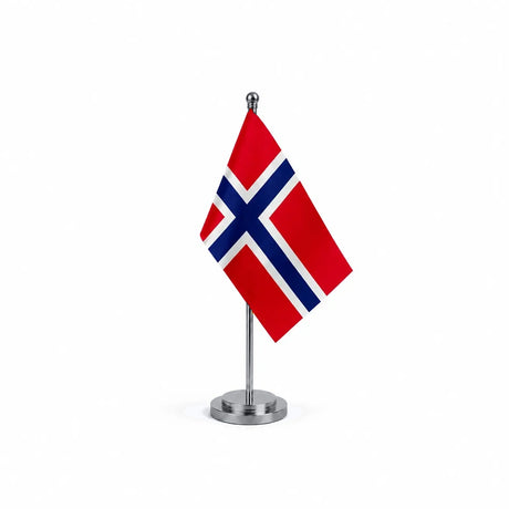 Drapeau bureau de Norvège modèle Argent avec mât et socle en acier inoxydable