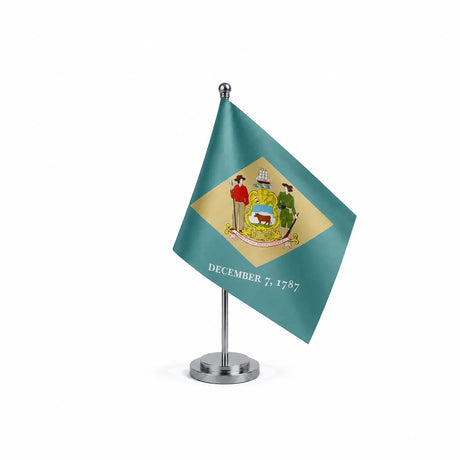 Drapeau Bureau du Delaware modèle Argent avec mât et socle en acier inoxydable