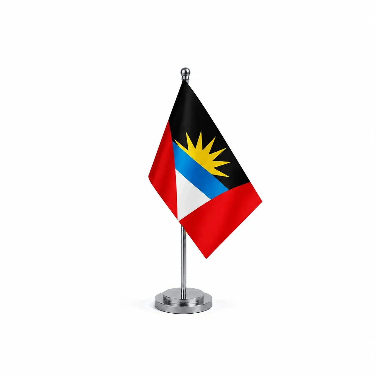 Drapeau bureau d'Antigua-et-Barbuda modèle Argent avec mât et socle en acier inoxydable