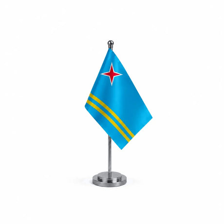 Drapeau bureau d'Aruba modèle Argent avec mât et socle en acier inoxydable