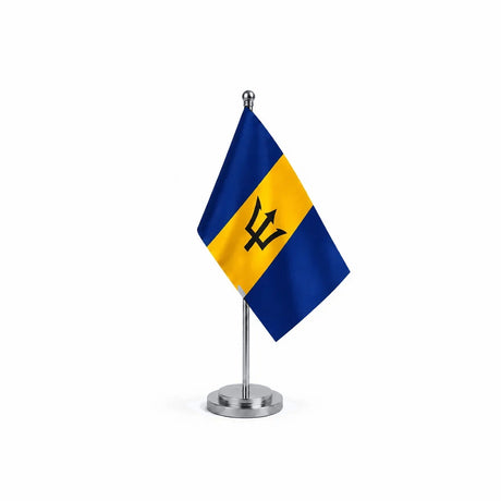 Drapeau bureau de la Barbade modèle Argent avec mât et socle en acier inoxydable