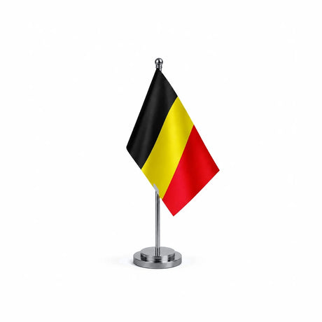 Drapeau bureau de la Belgique modèle Argent avec mât et socle en acier inoxydable