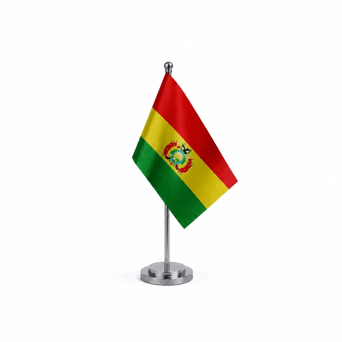 Drapeau bureau de la Bolivie modèle Argent avec mât et socle en acier inoxydable