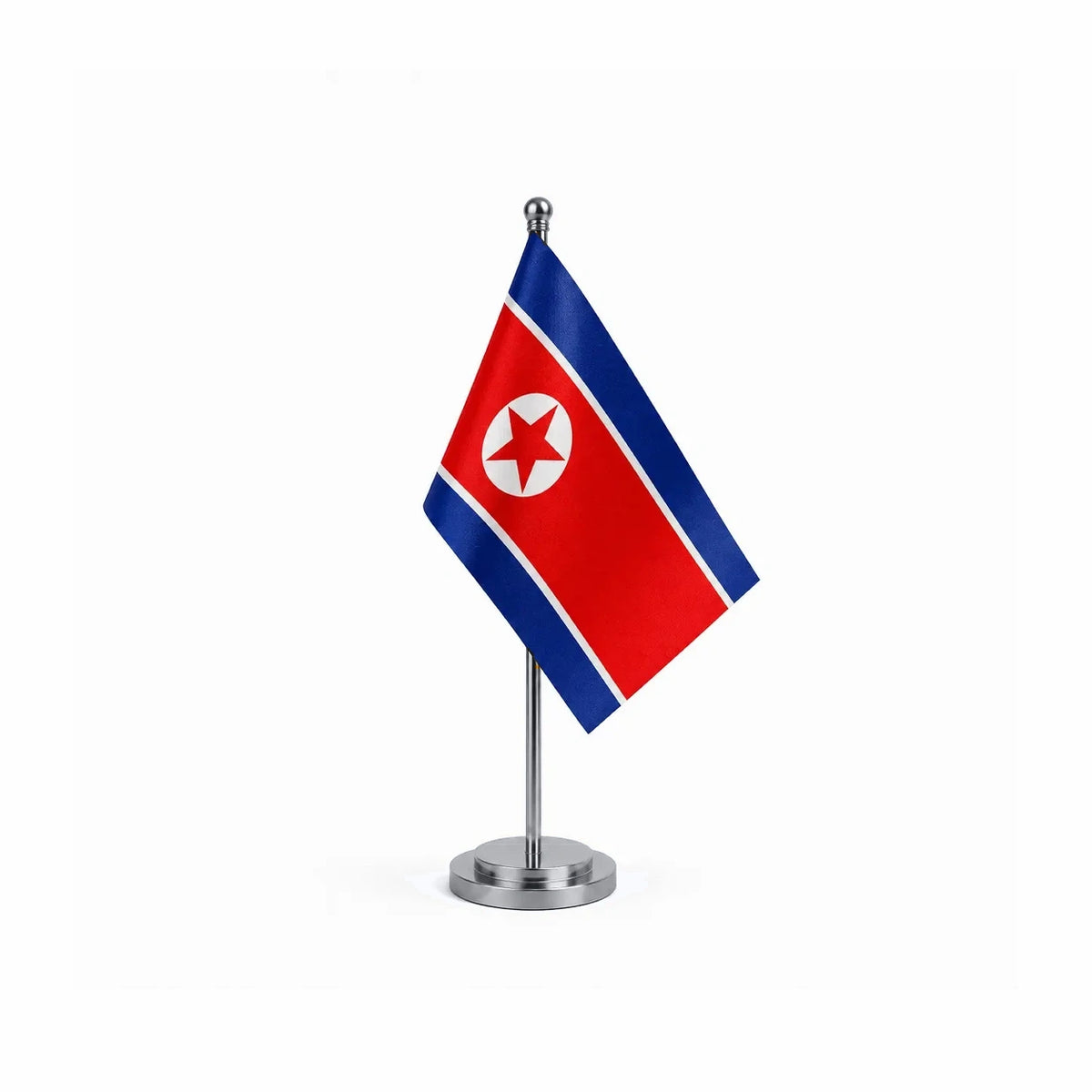 Drapeau bureau de la Corée du Nord modèle Argent avec mât et socle en acier inoxydable
