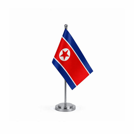 Drapeau bureau de la Corée du Nord modèle Argent avec mât et socle en acier inoxydable