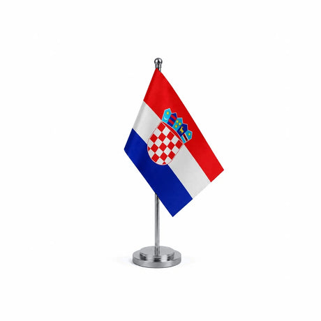 Drapeau bureau de la Croatie modèle Argent avec mât et socle en acier inoxydable