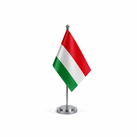 Drapeau bureau de la Hongrie modèle Argent avec mât et socle en acier inoxydable