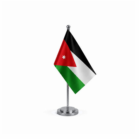Drapeau bureau de la Jordanie modèle Argent avec mât et socle en acier inoxydable