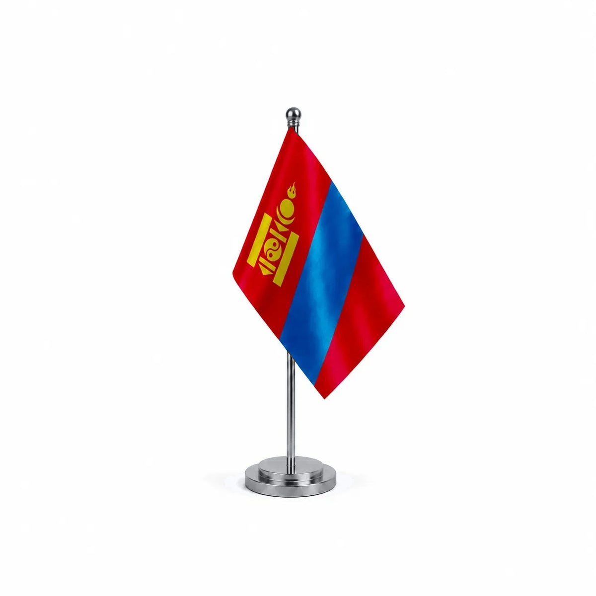 Drapeau bureau de la Mongolie modèle Argent avec mât et socle en acier inoxydable
