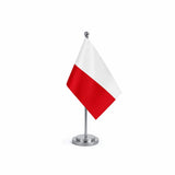 Drapeau bureau de la Pologne modèle Argent avec mât et socle en acier inoxydable