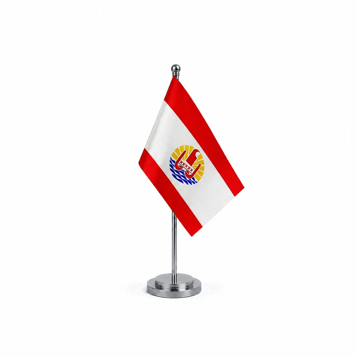 Drapeau bureau de la Polynésie française modèle Argent avec mât et socle en acier inoxydable