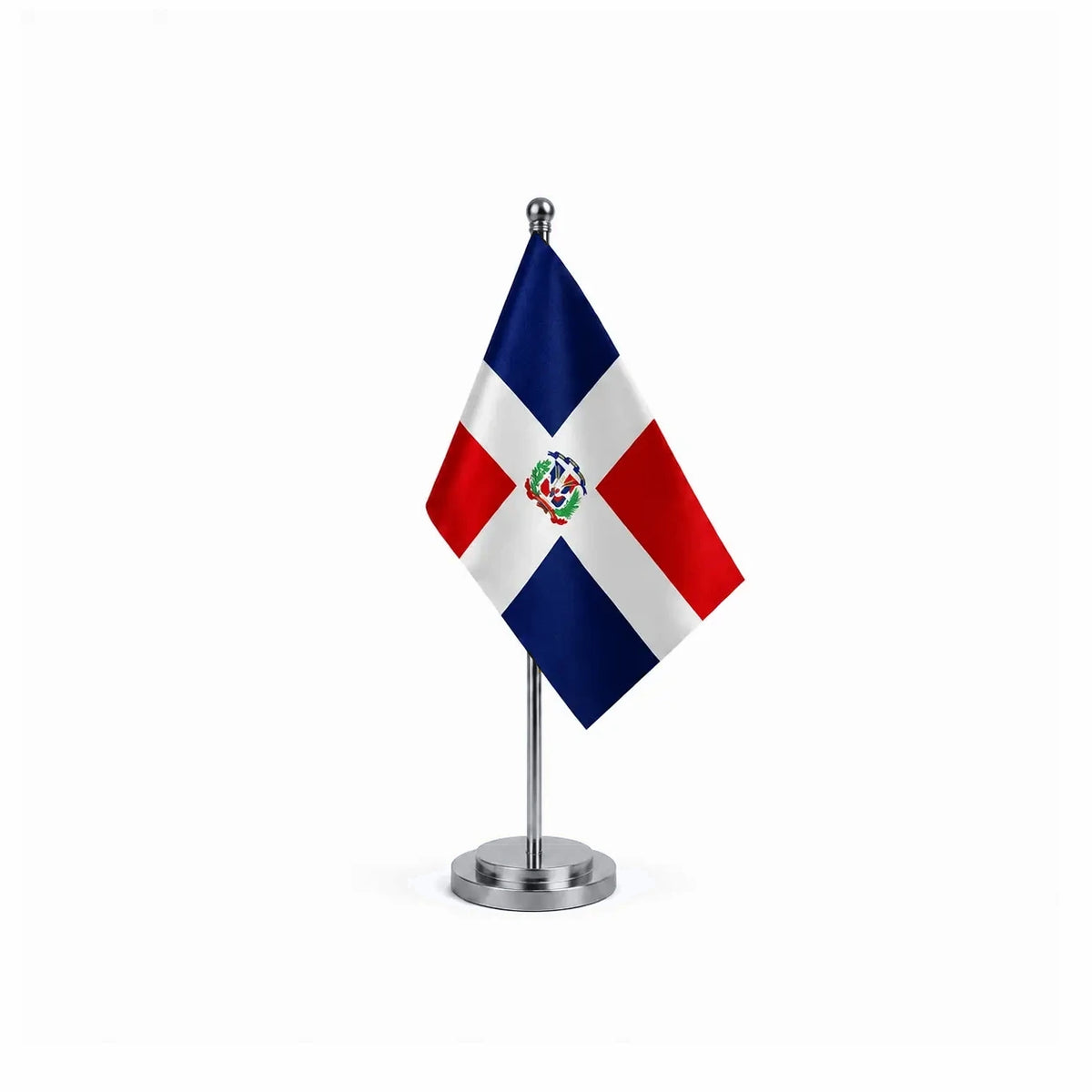 Drapeau bureau de la République dominicaine modèle Argent avec mât et socle en acier inoxydable