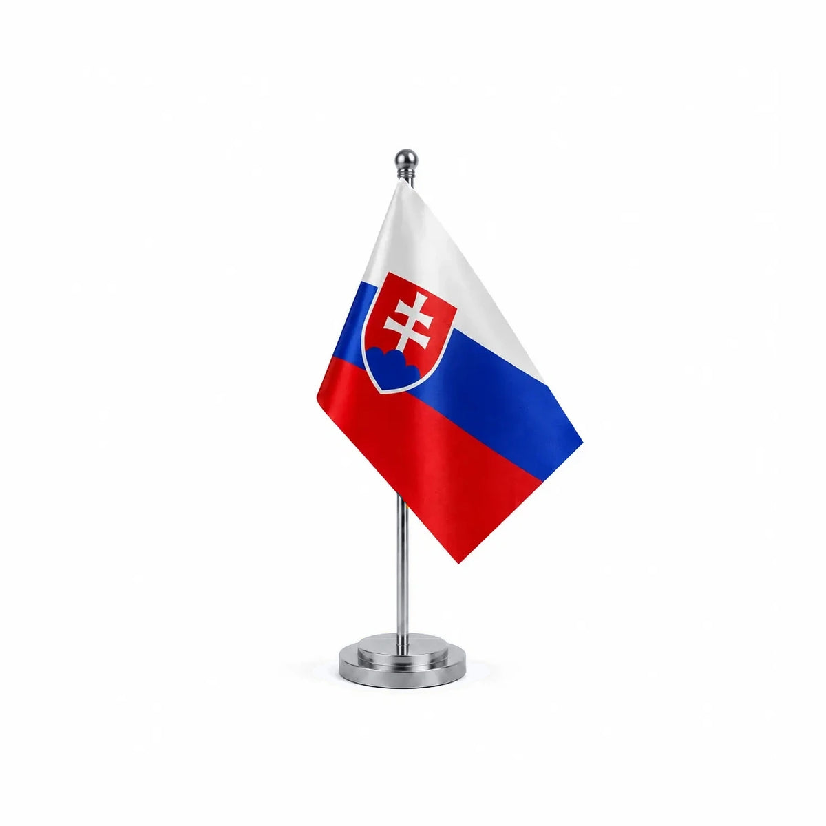 Drapeau bureau de la Slovaquie modèle Argent avec mât et socle en acier inoxydable
