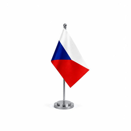 Drapeau bureau de la Tchéquie modèle Argent avec mât et socle en acier inoxydable