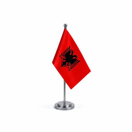 Drapeau bureau de l'Albanie modèle Argent avec mât et socle en acier inoxydable