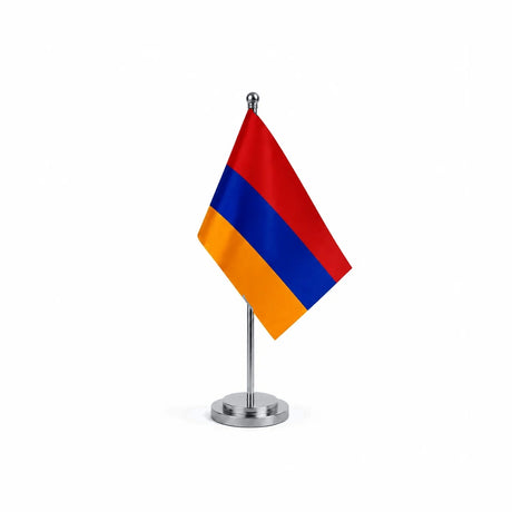 Drapeau bureau de l'Arménie modèle Argent avec mât et socle en acier inoxydable