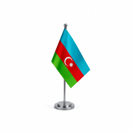 Drapeau bureau de l'Azerbaïdjan modèle Argent avec mât et socle en acier inoxydable