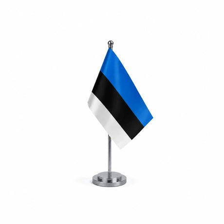 Drapeau bureau de l'Estonie modèle Argent avec mât et socle en acier inoxydable