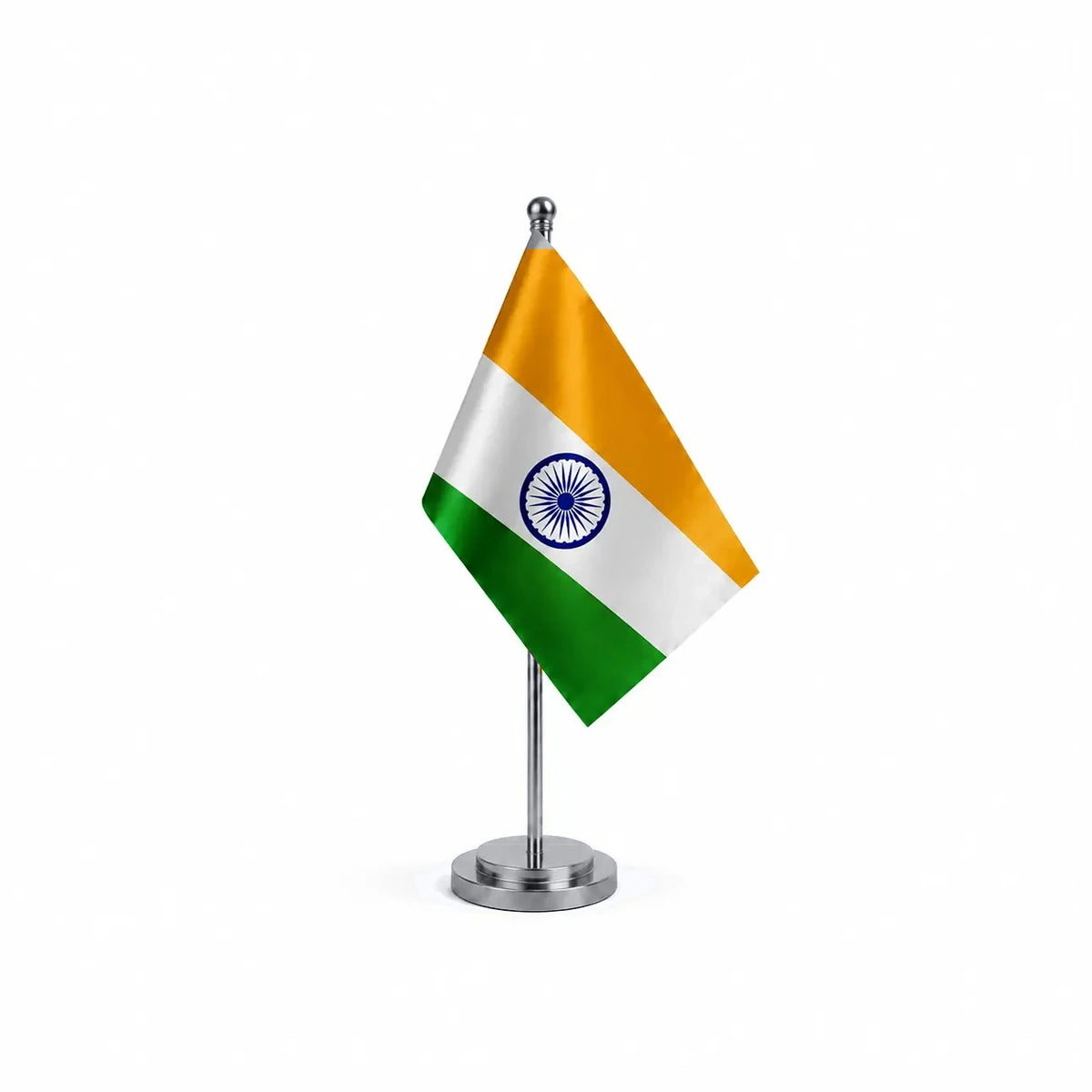 Drapeau bureau de l'Inde modèle Argent avec mât et socle en acier inoxydable