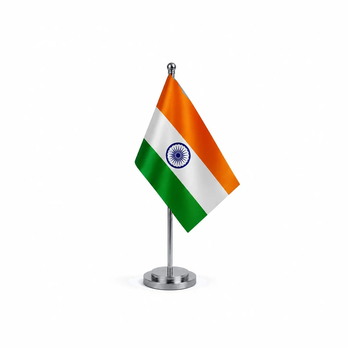 Drapeau bureau l'Inde modèle Argent avec mât et socle en acier inoxydable