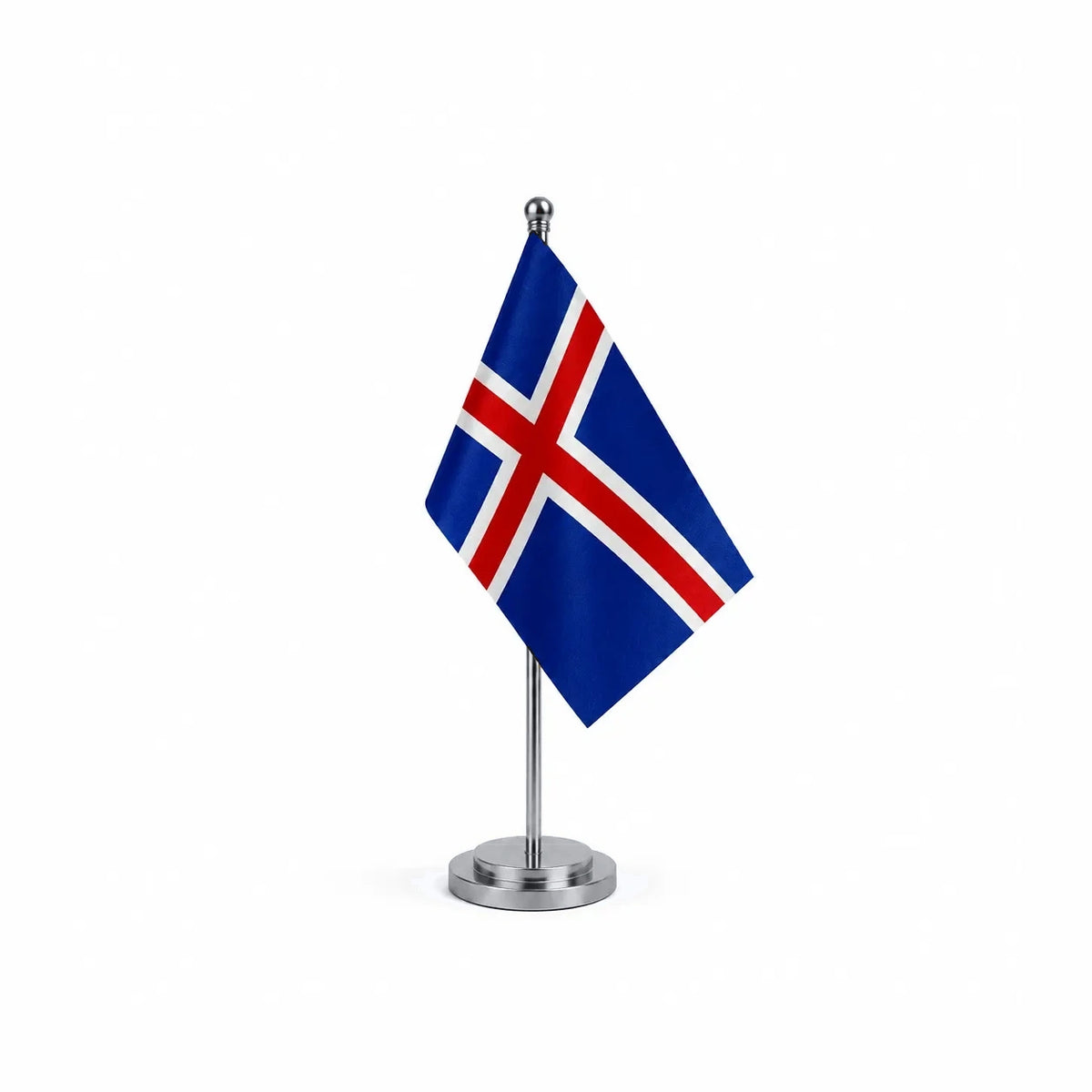 Drapeau bureau de l'Islande modèle Argent avec mât et socle en acier inoxydable