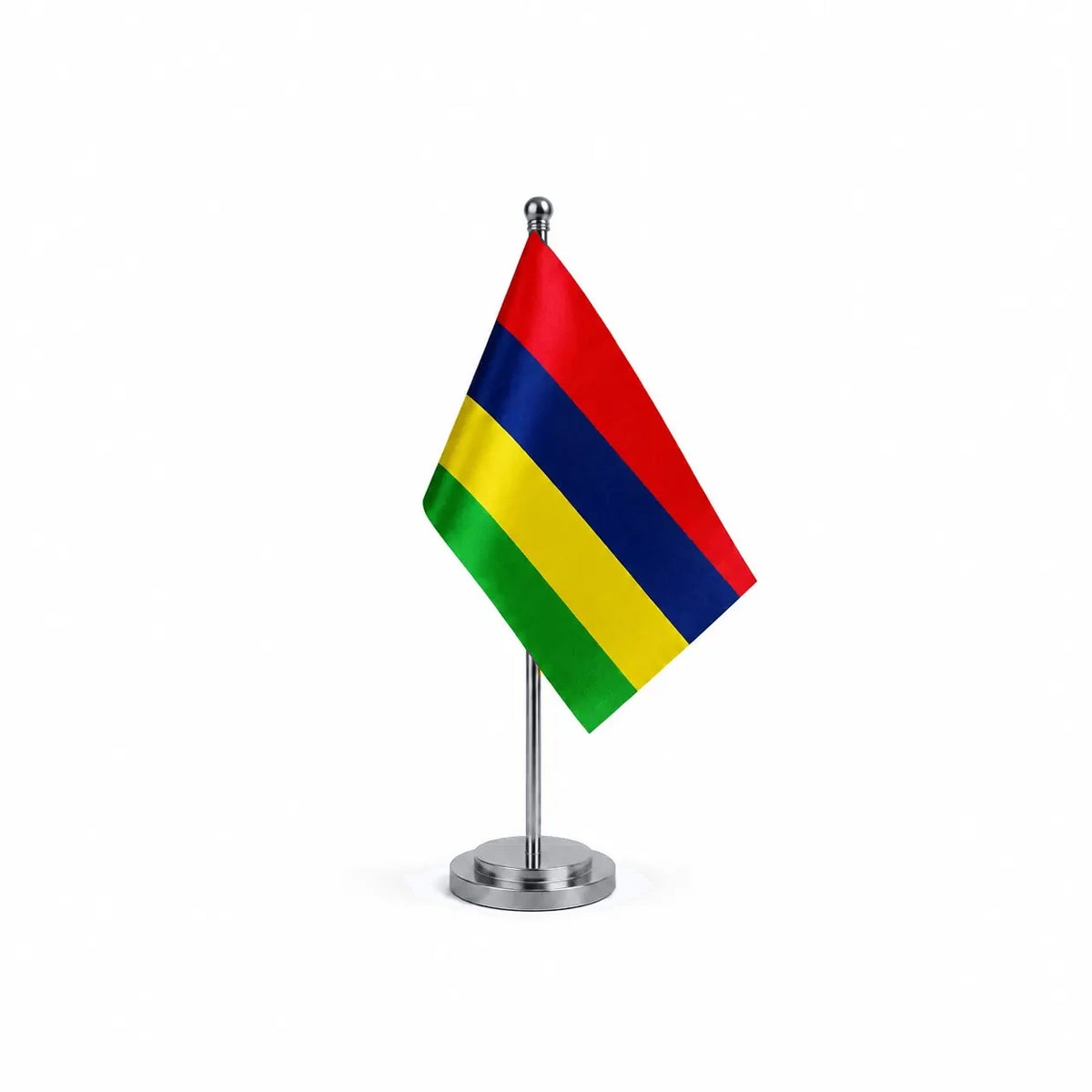Drapeau bureau de Maurice modèle Argent avec mât et socle en acier inoxydable
