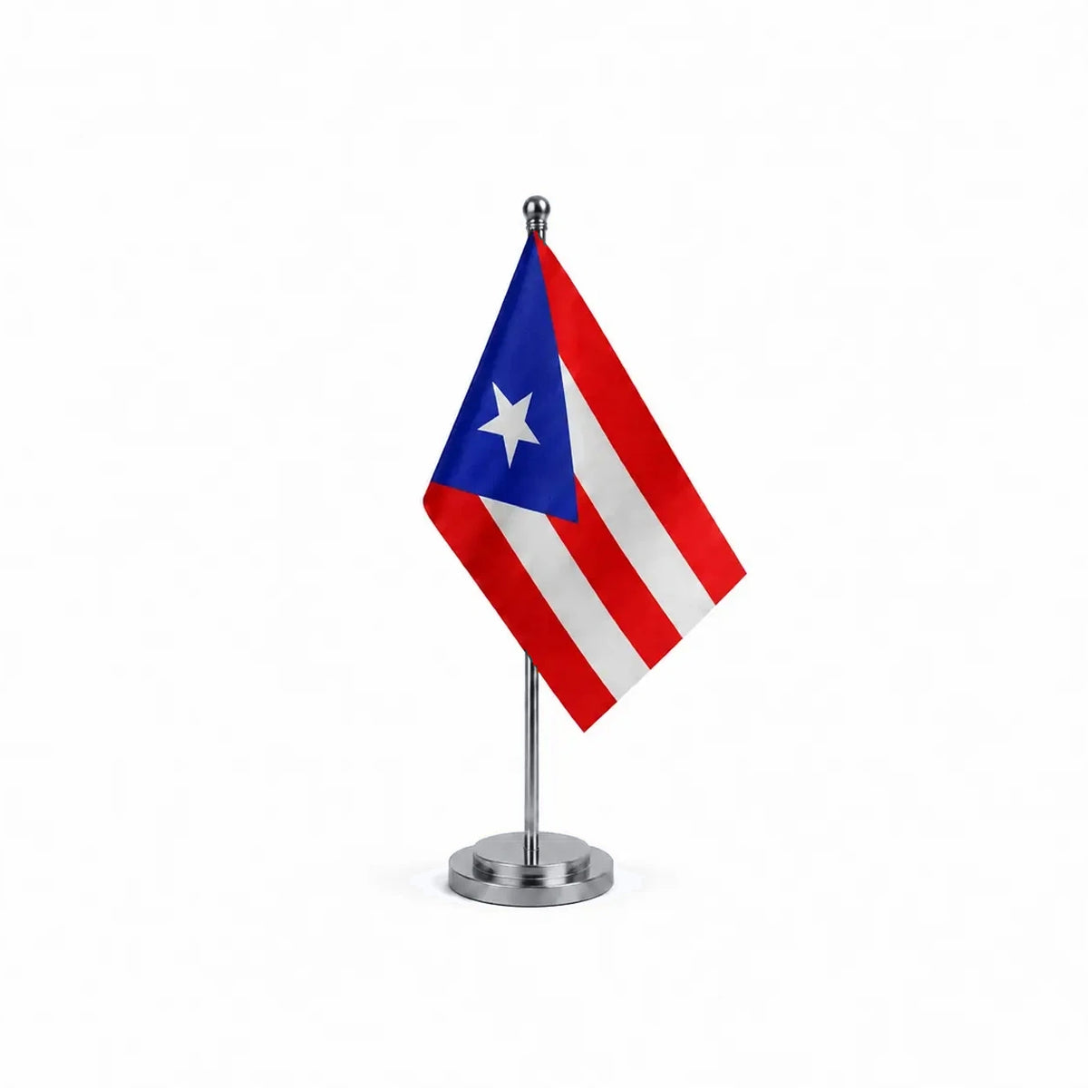 Drapeau bureau de Porto Rico modèle Argent avec mât et socle en acier inoxydable