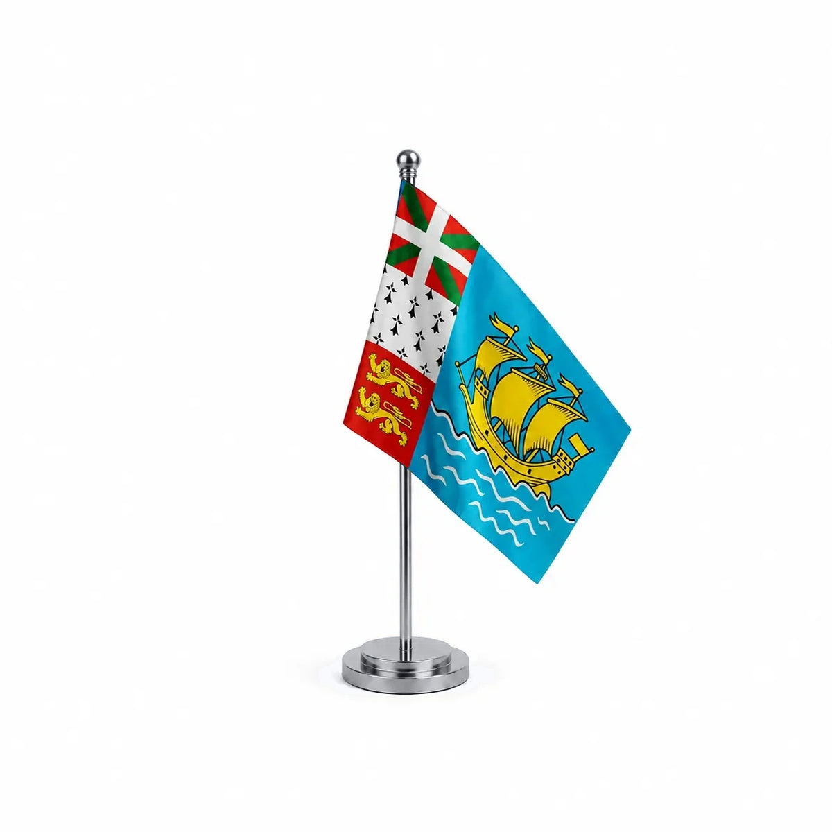 Drapeau bureau de Saint-Pierre-et-Miquelon modèle Argent avec mât et socle en acier inoxydable