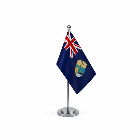 Drapeau bureau de Sainte-Hélène, Ascension et Tristan da Cunha modèle Argent avec mât et socle en acier inoxydable