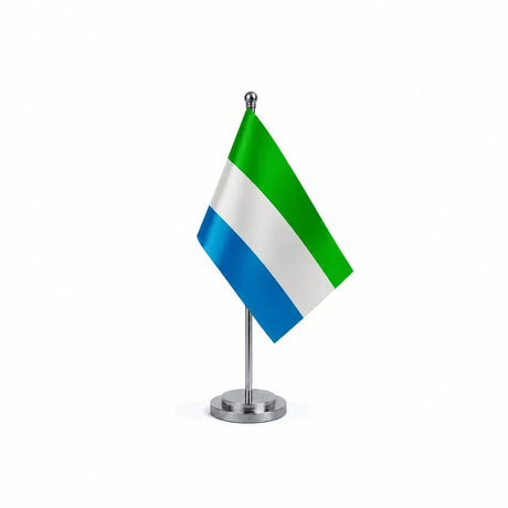 Drapeau bureau de Sierra Leone modèle Argent avec mât et socle en acier inoxydable