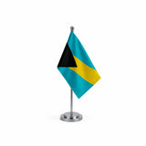 Drapeau bureau des Bahamas modèle Argent avec mât et socle en acier inoxydable