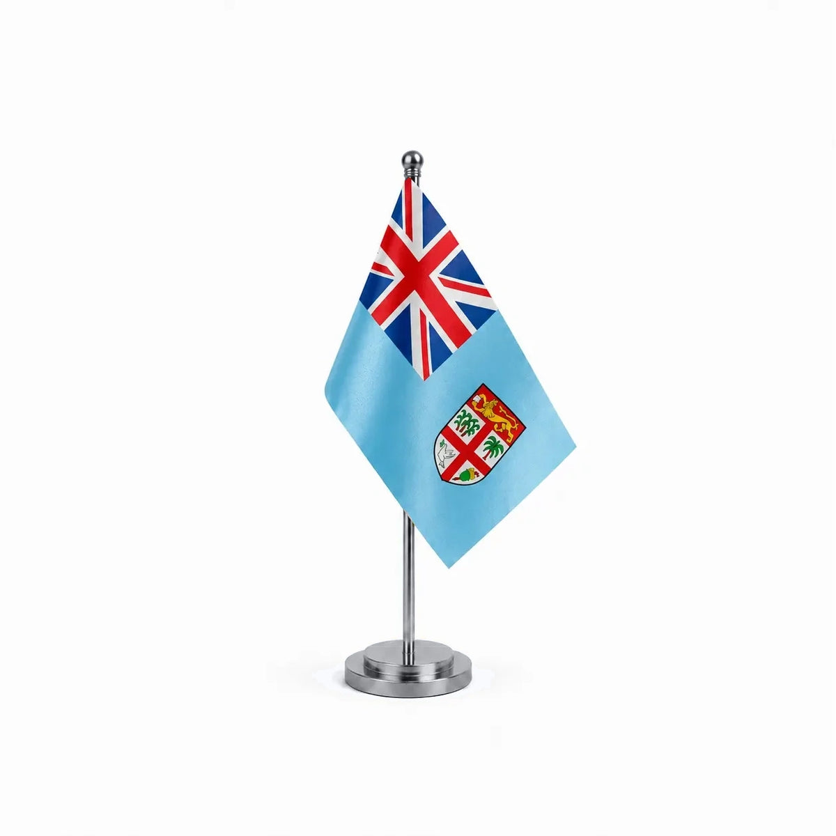 Drapeau bureau des Fidji modèle Argent avec mât et socle en acier inoxydable