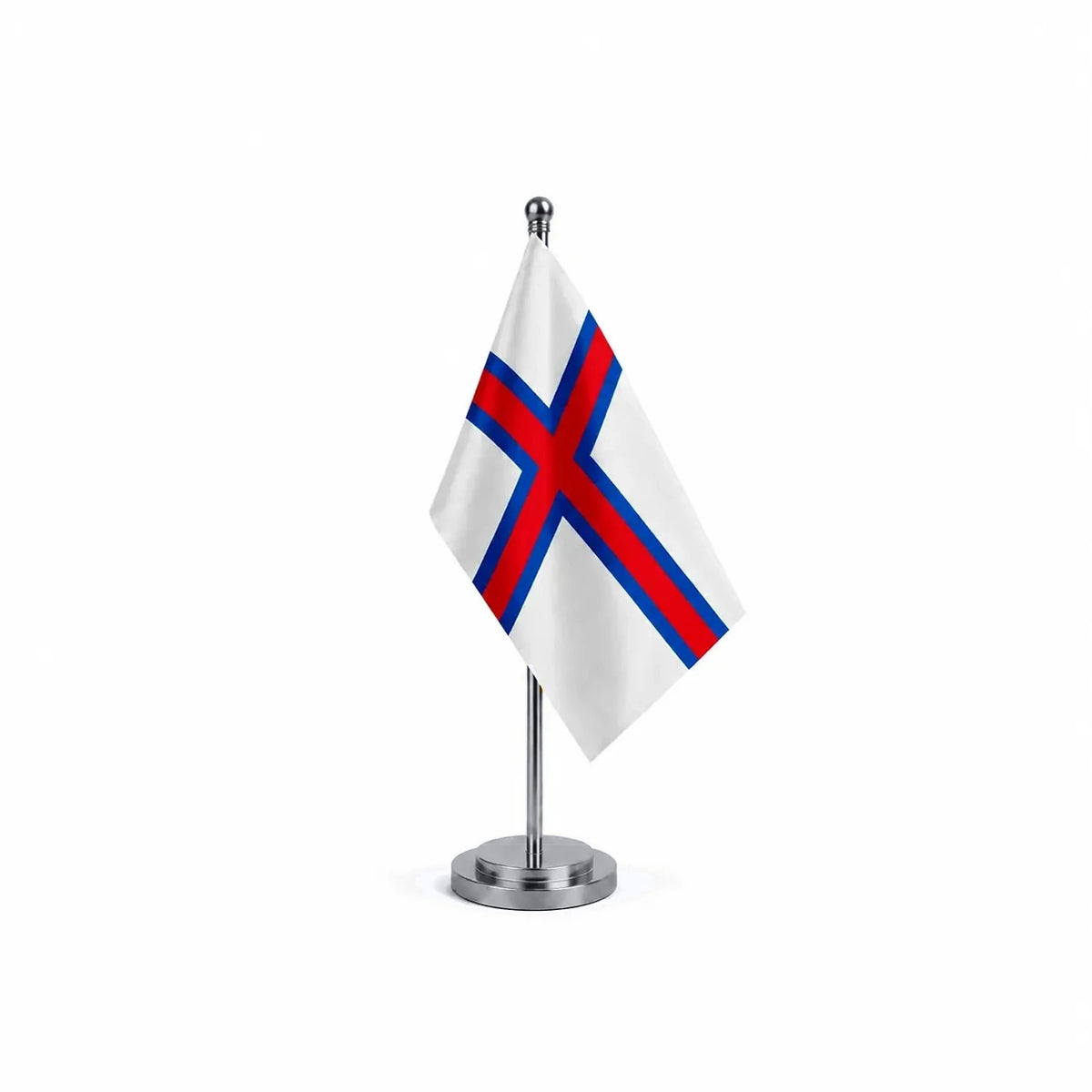 Drapeau bureau des îles Féroé modèle Argent avec mât et socle en acier inoxydable