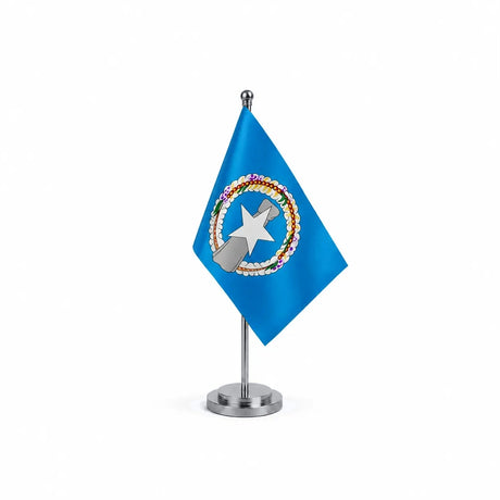 Drapeau bureau des Îles Mariannes du Nord modèle Argent avec mât et socle en acier inoxydable