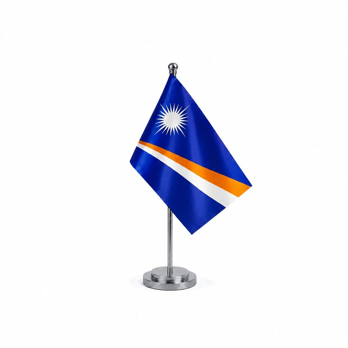 Drapeau bureau des Îles Marshall modèle Argent avec mât et socle en acier inoxydable