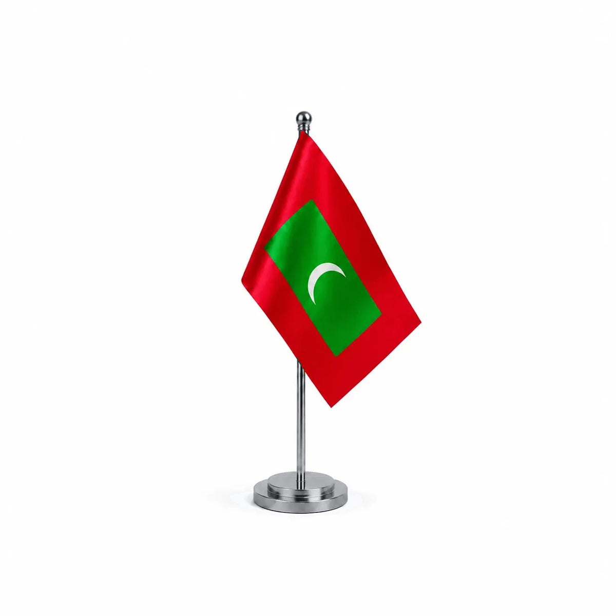 Drapeau bureau des Maldives modèle Argent avec mât et socle en acier inoxydable