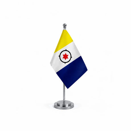 Drapeau bureau Bonaire modèle Argent avec mât et socle en acier inoxydable