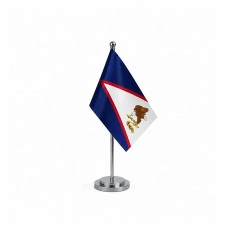 Drapeau bureau des Samoa américaines modèle Argent avec mât et socle en acier inoxydable