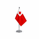 Drapeau bureau des Tonga modèle Argent avec mât et socle en acier inoxydable